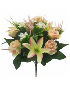 48cm Rose & Lily Bush With Grass Pink/Cream Florist Supplies UK