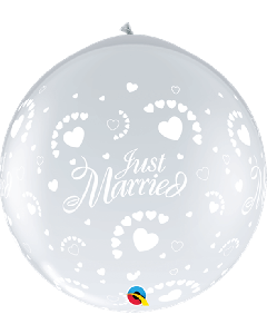 3ft Latex Balloon Round Diamond Clear Pk2 Just Married Hearts-A-Rnd Neck Up