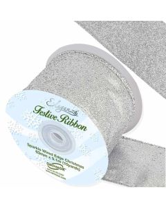 63mm Eleganza Sparkle Wired Edge Ribbon Silver