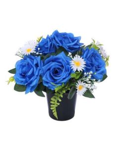 Cemetery Pot With Roses Daisies And Foliage Blue / White