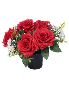 Cemetery Pot With Roses Daisies And Foliage Red / White