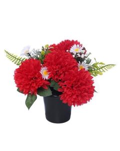 Cemetery Pot With Chrysathemums Daisies And Foliage Red / White