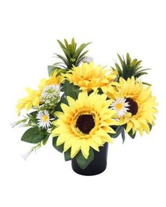 Cemetery Pot With Sunflowers Daisies And Foliage Light Yellow / White