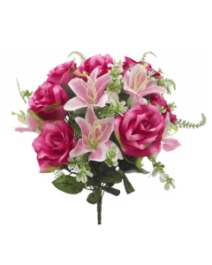 43cm LARGE ROSE AND LILY MIXED BUSH WITH FOLIAGE CERISE/PINK