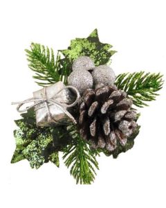 Christmas Pick With Baubles, Parcel & Pine Cone Silver