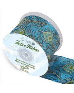 63mm Eleganza Wired Edge Ribbon Satin Peacock Design Turquoise