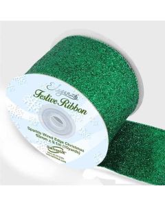 63mm Eleganza Sparkle Wired Edge RIbbon Green