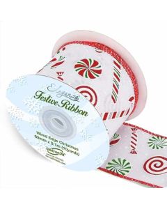 63mm Eleganza Wired Edge Christmas Ribbon Candy Canes White