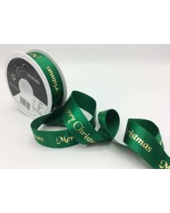 25mm Merry Christmas Ribbon 20m Reel Hunter Green