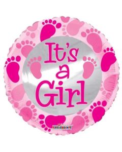 18" Pink Its a Girl Footprints Round Foil Kaleidoscope