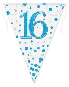 Party Bunting 16th Sparkling Fizz Birthday Blue Holographic 11 flags 3.9m - 632332