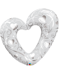 42" White & Silver Open Heart SuperShape Foil Balloon Qualatex
