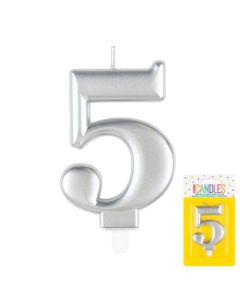 9cm Metallic Silver Number Candles 5 Unique