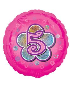 18" Age 5 Pink Flowers Holographic Round Foil Anagram
