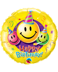 18" Yellow Smiling Faces Birthday Round Foil Qualatex