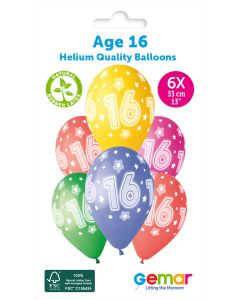 13" Age 16 Printed Latex Balloons Pk6 #875 Gemar UK