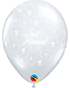 11" Diamond Clear Just Married Flowers Latex 25pk Qualatex