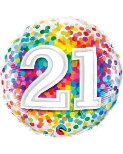 18" Age 21 Rainbow Confetti Round Foil Qualatex