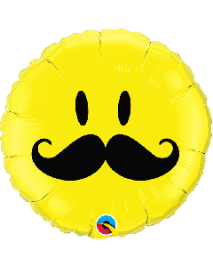 18" Yellow Smiling Face with Moustache Round Foil Qualatex