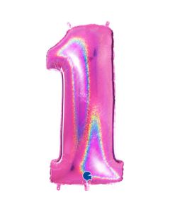Number 1 Holo Glitter Fuxia 40" Foil Balloon - 611GHF-P