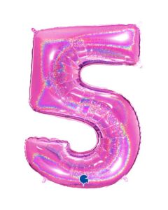 40" Fuchsia Glitter Holographic Number 5 Foil Balloon Grabo
