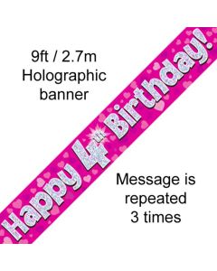 9ft Banner Happy 4th Birthday Pink holographic - 624368/1