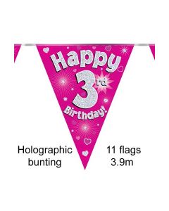 Age 3 Pink Holographic 3.9m 11 Flag Bunting Oaktree