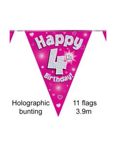 Age 4 Pink Holographic 3.9m 11 Flag Bunting Oaktree