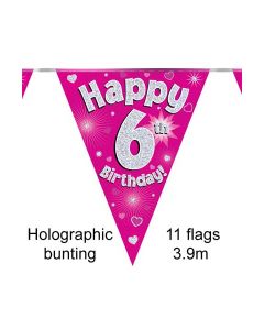 Age 6 Pink Holographic 3.9m 11 Flag Bunting Oaktree