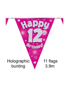 Age 12 Pink Holographic 3.9m 11 Flag Bunting Oaktree