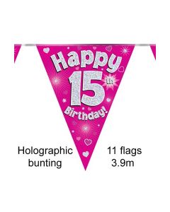 Age 15 Pink Holographic 3.9m 11 Flag Bunting Oaktree