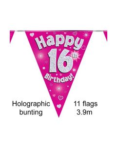 Age 16 Pink Holographic 3.9m 11 Flag Bunting Oaktree