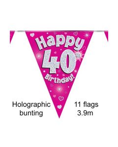 Age 40 Pink Holographic 3.9m 11 Flag Bunting Oaktree