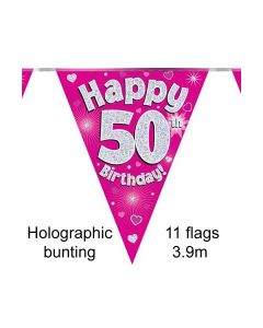 Age 50 Pink Holographic 3.9m 11 Flag Bunting Oaktree