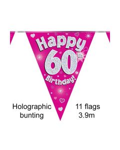 Age 60 Pink Holographic 3.9m 11 Flag Bunting Oaktree