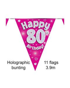 Age 80 Pink Holographic 3.9m 11 Flag Bunting Oaktree