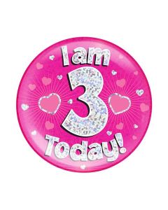 6" Jumbo Badge I am 3 Today Pink Holographic Dot - 633049