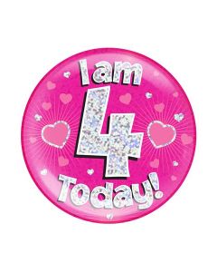 6" Jumbo Badge I am 4 Today Pink Holographic Dot - 633056