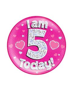 6" Jumbo Badge I am 5 Today Pink Holographic Dot - 633063