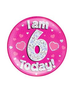 6" Jumbo Badge I am 6 Today Pink Holographic Dot - 633070
