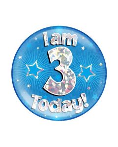 6" Jumbo Badge I am 3 Today Blue Holographic Cracked Ice - 633353