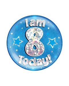 6" Jumbo Badge I am 8 Today Blue Holographic Cracked Ice - 633407