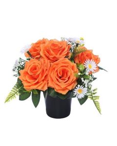Cemetery Pot With Roses Daisies And Foliage Orange / White