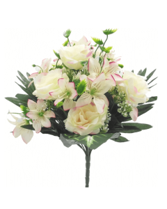 43cm LARGE ROSE AND ALSTRO MIXED BUSH WITH BERRIES CREAM/PINK