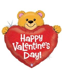 37" Big Heart With Bear Valentine Holographic Foil Balloon Grabo