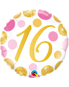 18" Age 16 Pink & Gold Dots Round Foil Qualatex