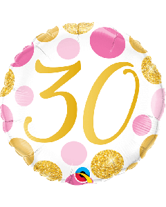 18" Age 30 Pink & Gold Dots Round Foil Qualatex