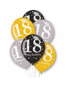 11" Age 18 Black, Silver & Gold Mix Latex Balloons Pk6