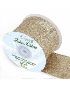 63mm Eleganza Sparkle Wired Edge Ribbon Light Gold