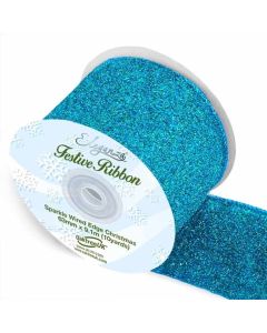 63mm Eleganza Sparkle Wired Edge Ribbon Turquoise